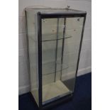 A CHROME FRAMED DISPLAY CABINET, with two shelves, width 62cm x depth 45cm x height 142cm (PAT