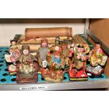 BRONZE COLD PAINTED GUAN YIN AND SIX CARVED WOOD ORIENTAL FIGURES OF ROYALTY AND DEITIES,