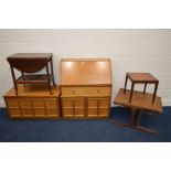 A NATHAN TEAK FALL FRONT BUREAU, with two drawers, a matching cabinet, together with a teak oval