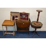 A MID 20TH CENTURY OAK DROP LEAF TEA TROLLEY, together with a vintage child's school desk and