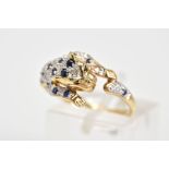 A 9CT GOLD SAPPHIRE AND DIAMOND RING, in the form of a leaping jaguar set with circular cut