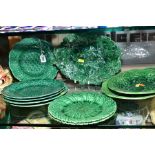 A GROUP OF VICTORIAN WEDGWOOD and unmarked green and glazed plates, twin handled oval dishes etc (