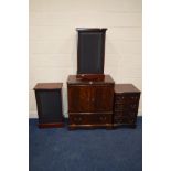 A MODERN MAHOGANY DOUBLE BIFOLD TV CABINET together with a single door hi fi cabinet and a pair of