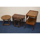 AN EARLY TO MID 20TH CENTURY OAK DROP LEAF TEA TROLLEY, with a wavy top, together with an oak nest