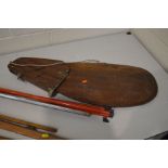 A VINTAGE MAHOGANY BOAT RUDDER, together with three various boat accessories, an ore and a metal red