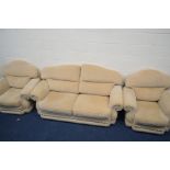 A CREAM UPHOLSTERED THREE PIECE LOUNGE SUITE, comprising two seater settee and a pair of armchairs