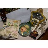 TWO TAPESTRY CUSHIONS, A GILT FRAMED MIRROR, oval tray, glass lustre converted to a table lamp,