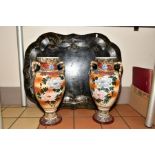 A PAIR OF SATSUMA TWIN HANDLED VASES, floral design, approximate height 39cm, (one with hairline,