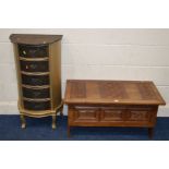 A REPRODUCTION HARDWOOD BLANKET CHEST, width 92cm x depth 45cm x height 45cm, together with a tall