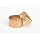 TWO 9CT GOLD WIDE BAND RINGS, the first a plain polished band, with a 9ct hallmark for London,