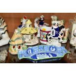 THREE VICTORIAN STAFFORDSHIRE FLATBACK FIGURES OF CHILDREN, together with two pastille burners, a