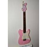 A PINK ELECTRIC GUITAR, with a Telecaster shaped body, Strat scratch plate with Squier single coils,