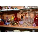 A GROUP OF CUT AND COLOURED GLASSWARES, to include a conch shell shaped scent bottle, various