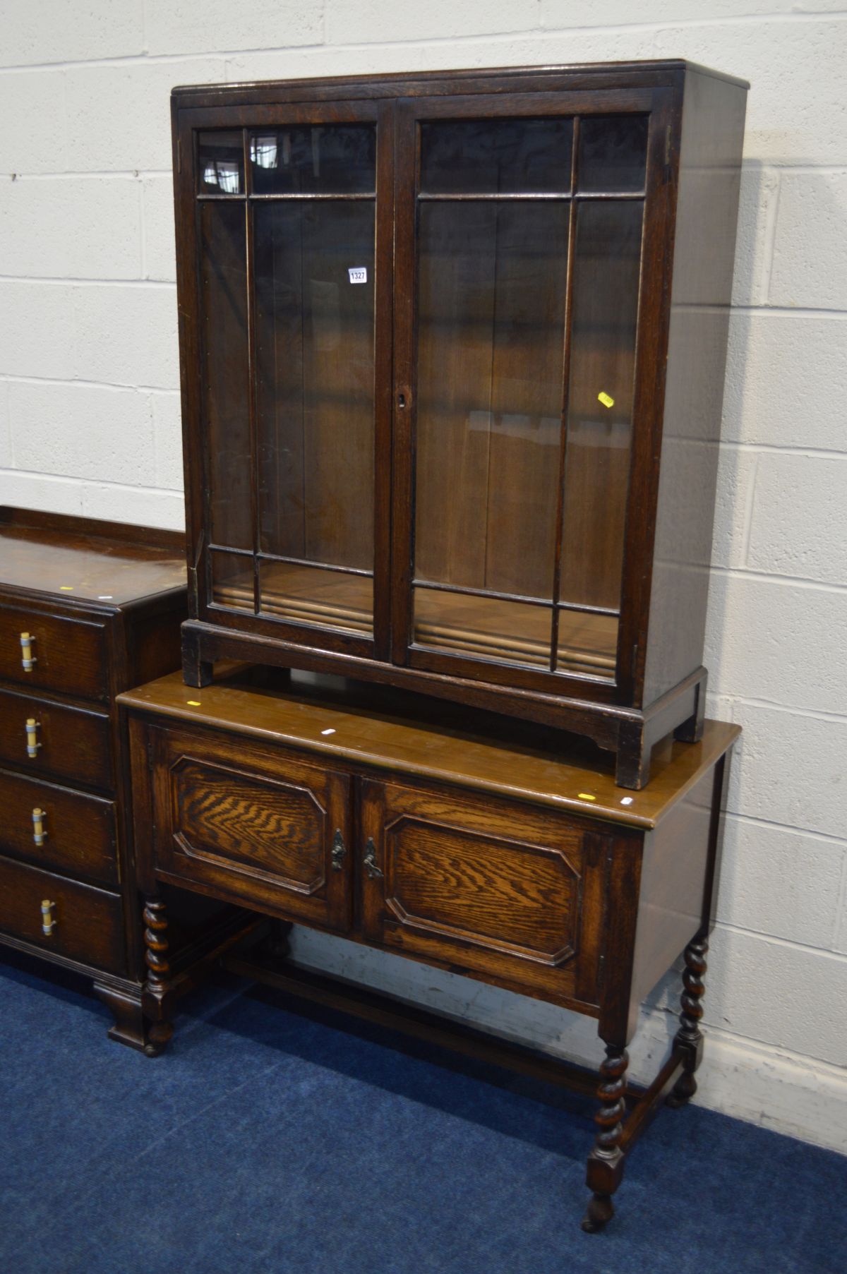 A MID 20TH CENTURY OAK GLAZED TWO DOOR BOOKCASE, width 92cm x depth 28cm x height 107cm, together - Image 6 of 6