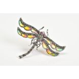 A PLIQUE-A-JOUR BROOCH, in the form of a dragonfly, displaying red, yellow and green enamel wings,