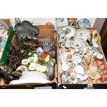 TWO BOXES OF CERAMICS, METALWARES AND LOOSE ITEMS, including Pendelfin Rabbits, crested china, Royal