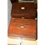 A MAHOGANY SEWING BOX, inlaid with brass and mother of pearl (key), with a mahogany writing slope (