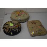 THREE VARIOUS NEEDLEWORK FOOTSTOOLS, (3)