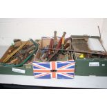 FIVE BOXES OF VARIOUS HAND TOOLS, to include planes, saws, hand sythes, files, chizels, hammers,