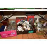 THREE BOXES AND LOOSE SUNDRY ITEMS to include Kent china tea wares, pair of brass oil lamps,