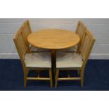 A MODERN BEECH CIRCULAR KITCHEN PEDESTAL TABLE, diameter 91cm x height 75cm and four chairs (dirty