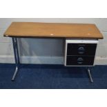 A MID 20TH CENTURY TEAK DESK, with two drawers on a chrome frame, width 120cm x depth 46cm x