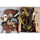 A BOX CONTAINING THIRTEEN PISTOL HOLSTERS from various Military Forces to include 3rd Reich WWII