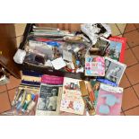 A BOX OF SEWING ACCESSORIES etc, to include sewing machine bobbins and parts, needles, pins,