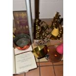 VARIOUS BRASS, COPPER AND BOOKS, to include wall mounted light fittings, candlesticks, copper and