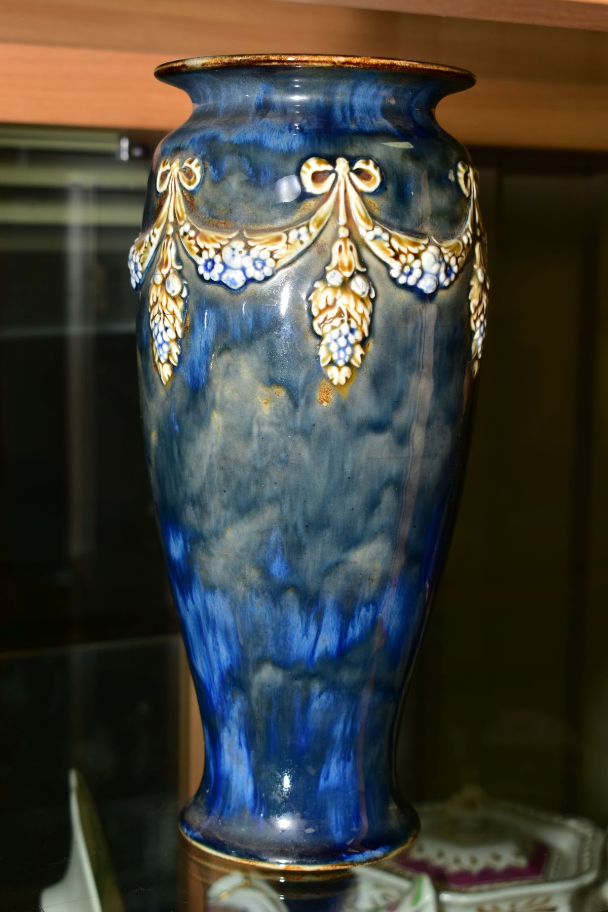 A ROYAL DOULTON VASE, approximate height 27cm, decorated around with raised swags of vine flowers - Image 4 of 8