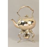 A VICTORIAN SILVER PLATED SPIRIT KETTLE ON STAND, fixed handle with ivory insulators (sd) melon