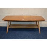 AN ERCOL ELM 1960'S COFFEE TABLE, on a beech frame united by a spindled undershelf, width 104cm x