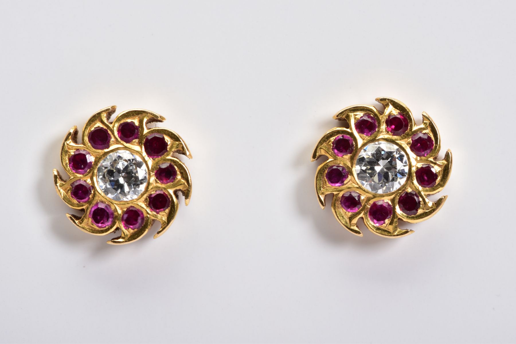 A PAIR OF RUBY AND DIAMOND ROUND STUD EARRINGS, centering on a round brilliant cut diamond - Image 3 of 3