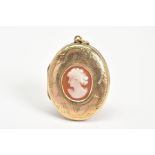 A 9CT GOLD BACK AND FRONT LOCKET, of oval design set with a central cameo panel depicting a lady