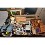 TWO BOXES AND LOOSE CERAMICS, GLASSWARE, TREEN, PICTURES, VINTAGE GOBLIN TEASMADE ETC, to include