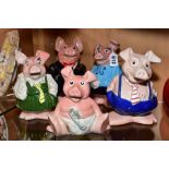 A SET OF FIVE WADE NATWEST PIG MONEY BOXES, Baby pig has chipped trotter, all have Natwest plastic