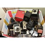 A BOX OF ANTIQUE AND VINTAGE CAMERAS, to include Portrait Brownie No2, Ensign Selfix, Ross Ensign