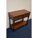 A MODERN OAK SIDE TABLE, with two drawers and an undershelf, width 94cm x depth 45cm x height 81cm