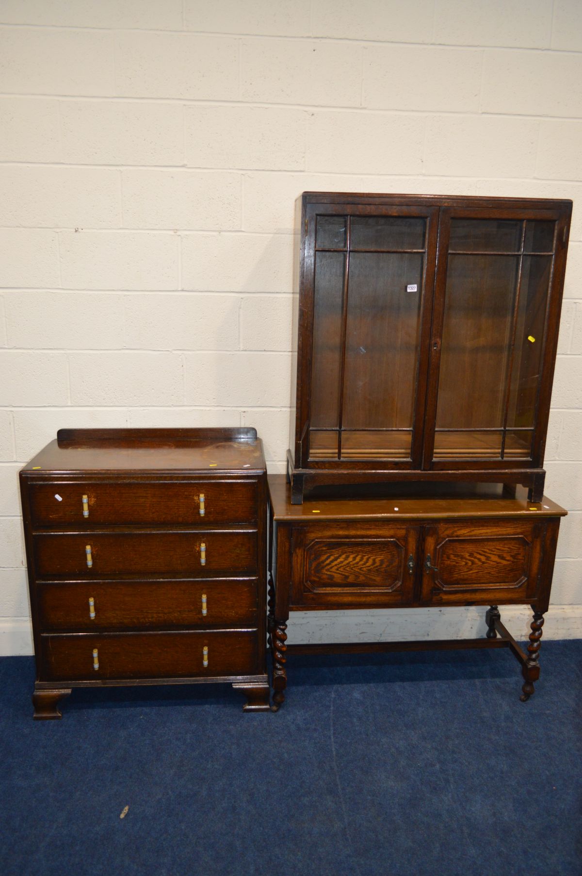 A MID 20TH CENTURY OAK GLAZED TWO DOOR BOOKCASE, width 92cm x depth 28cm x height 107cm, together