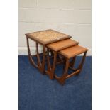 A G PLAN FRESCO TEAK NEST OF THREE TABLES, the largest table tile topped, 50cm squared x height