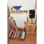 A BOX OF BOOKS, mostly art related and folding easels, together with a storage easel, three unused