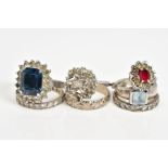 A SELECTION OF WHITE METAL RINGS, to include three coloured stone set cluster rings, two