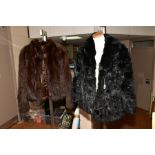 TWO LADIES FUR COATS, comprising a ladies dyed black coney car coat, measures neck to hem 71cm and