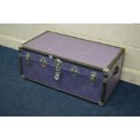 A VINTAGE PURPLE PAINTED TRAVELLING TRUNK