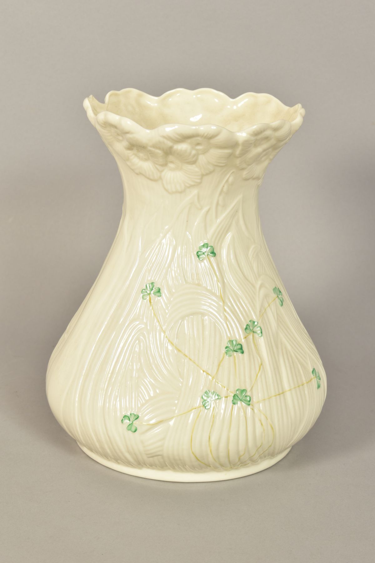 A LARGE BELLEEK VASE, decorate with shamrock, foliage and flowers, blue factory mark to base,