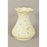 A LARGE BELLEEK VASE, decorate with shamrock, foliage and flowers, blue factory mark to base,