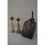 AN EARLY 20TH CENTURY EBONISED TIN PURDONIUM, with shovel, together with two brass candlesticks (4)