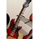 A MODERN HOFNER GALAXIE ELECTRIC GUITAR in Candy Apple Red finish, three Humbucking pickups, bar