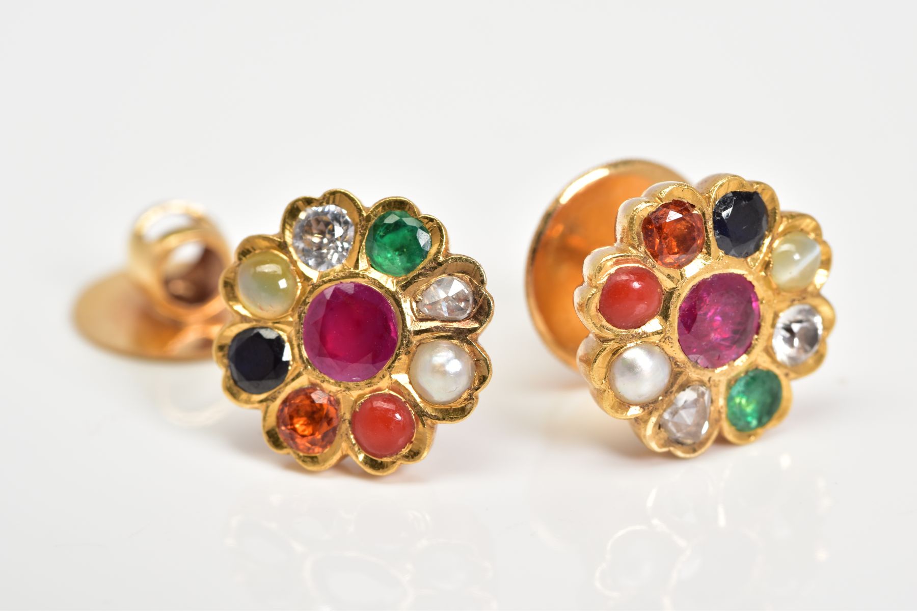 A PAIR OF MULTI GEMSTONE EAR STUDS, gemstones to include sapphire, white sapphire, emerald, ruby,