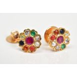 A PAIR OF MULTI GEMSTONE EAR STUDS, gemstones to include sapphire, white sapphire, emerald, ruby,